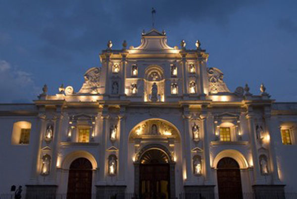 The Cathedral of San Jose with evening lights, Antigua, UNESCO World Heritage Site, Guatemala, Central America